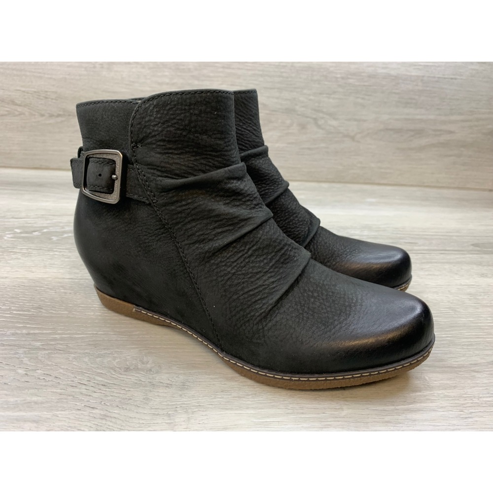 Dansko Women's Loralie Black Leather Ruched Wedge Ankle Boots Buckle 7 Shoes